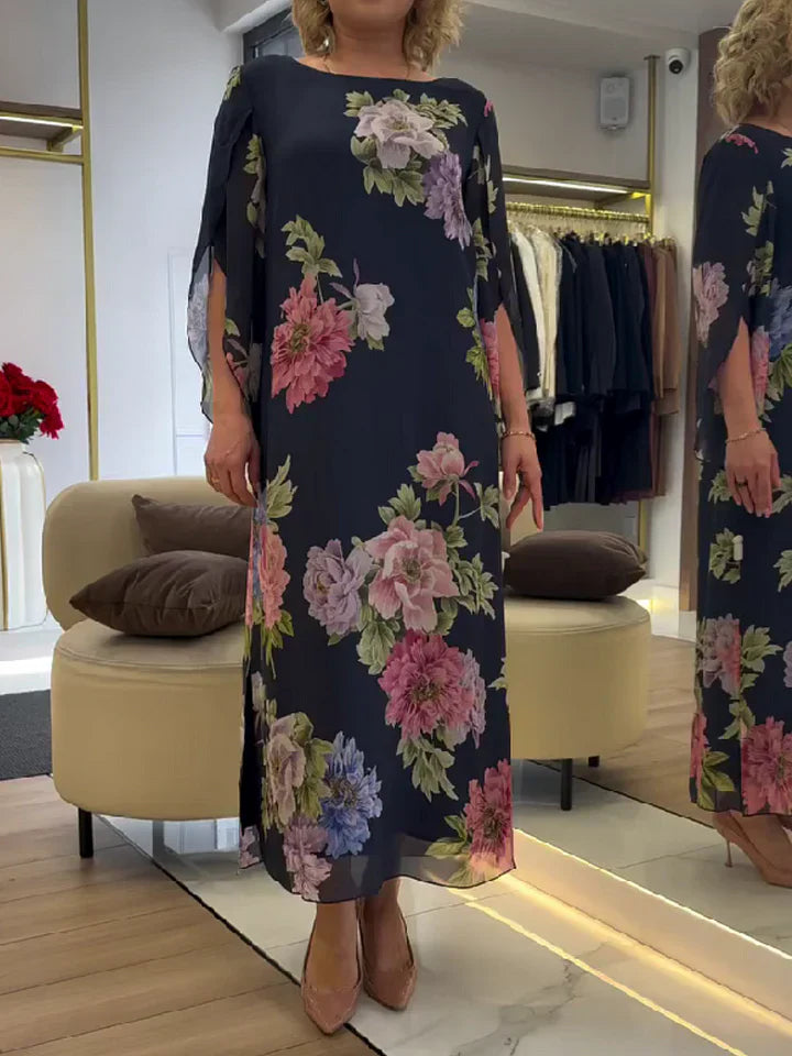 Maxi šaty s květinovým potiskem, lehký chiffon, pohodlí
