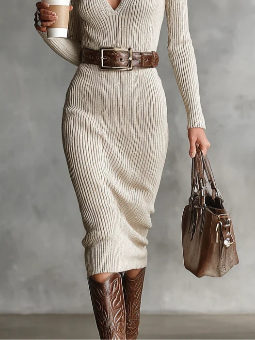 Gabriela | Pletené Midi Šaty s Páskem a Polorolákem