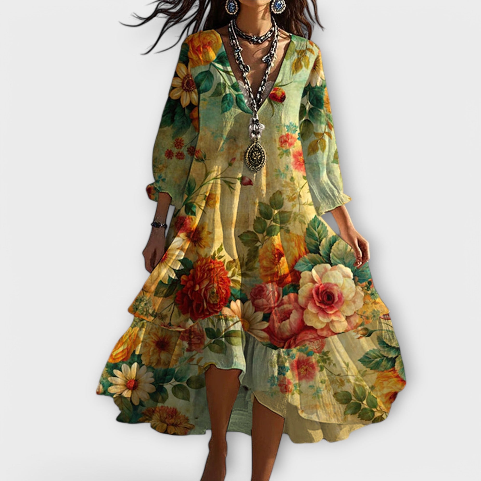 Marina - Vintage Boho Květinový V-Šaty