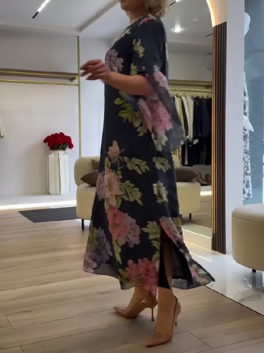 Maxi šaty s květinovým potiskem, lehký chiffon, pohodlí
