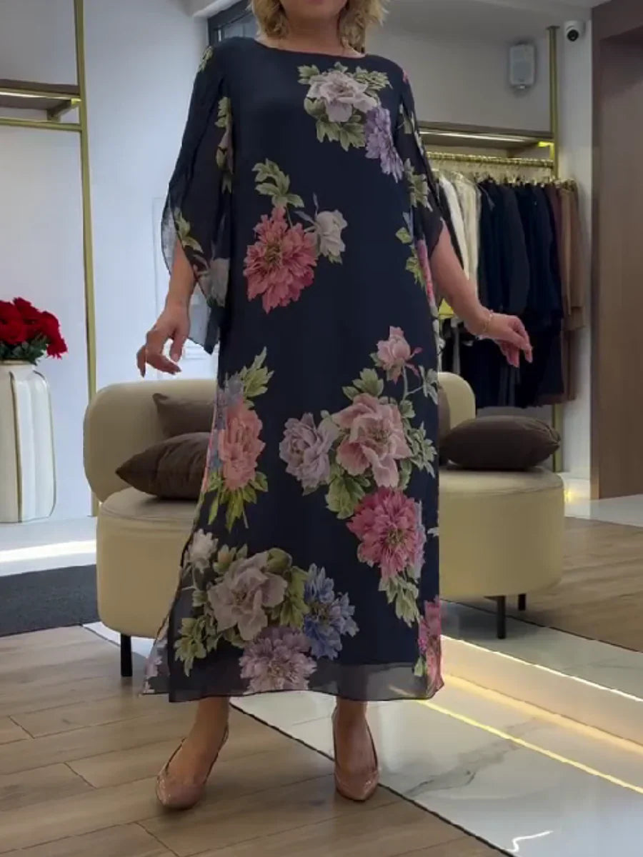 Maxi šaty s květinovým potiskem, lehký chiffon, pohodlí